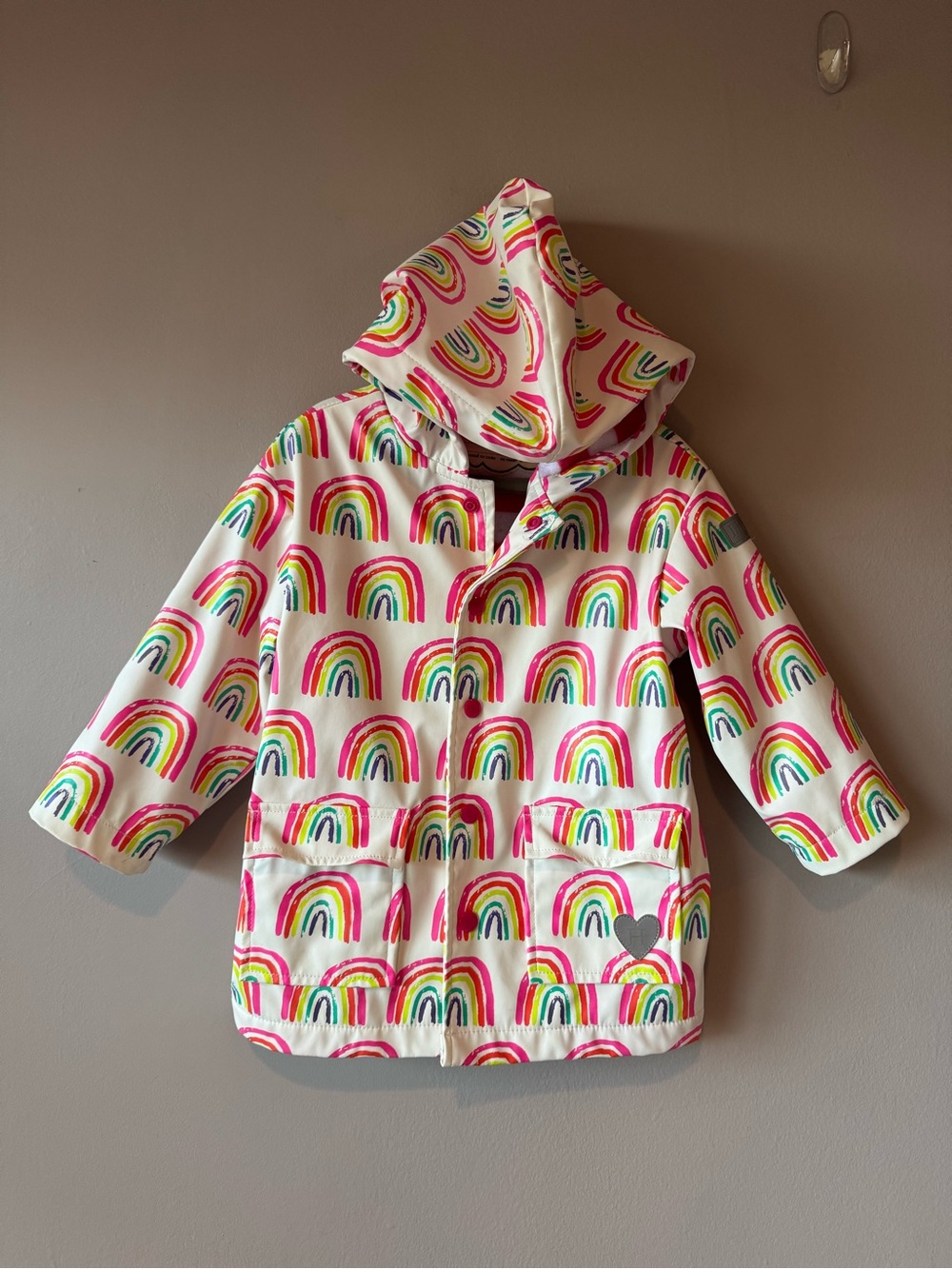 Hatley Toddler Girl Rainbow Print Pink Striped Terry Lined Raincoat Size 3 Years